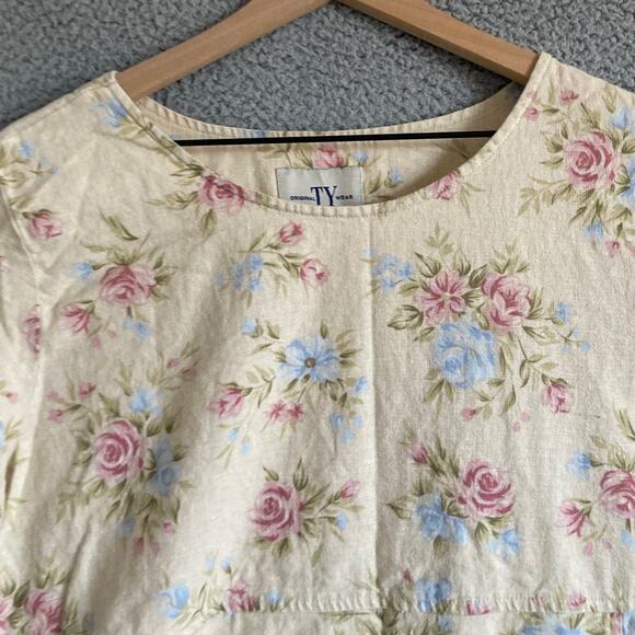 Vintage TY Original Wear Midi Dress Petite Large Linen Floral Cream Retro Y2K PL - Picture 2 of 13